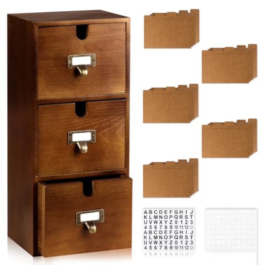 Card Index Box - Index Card Holder x5 Wooden Card